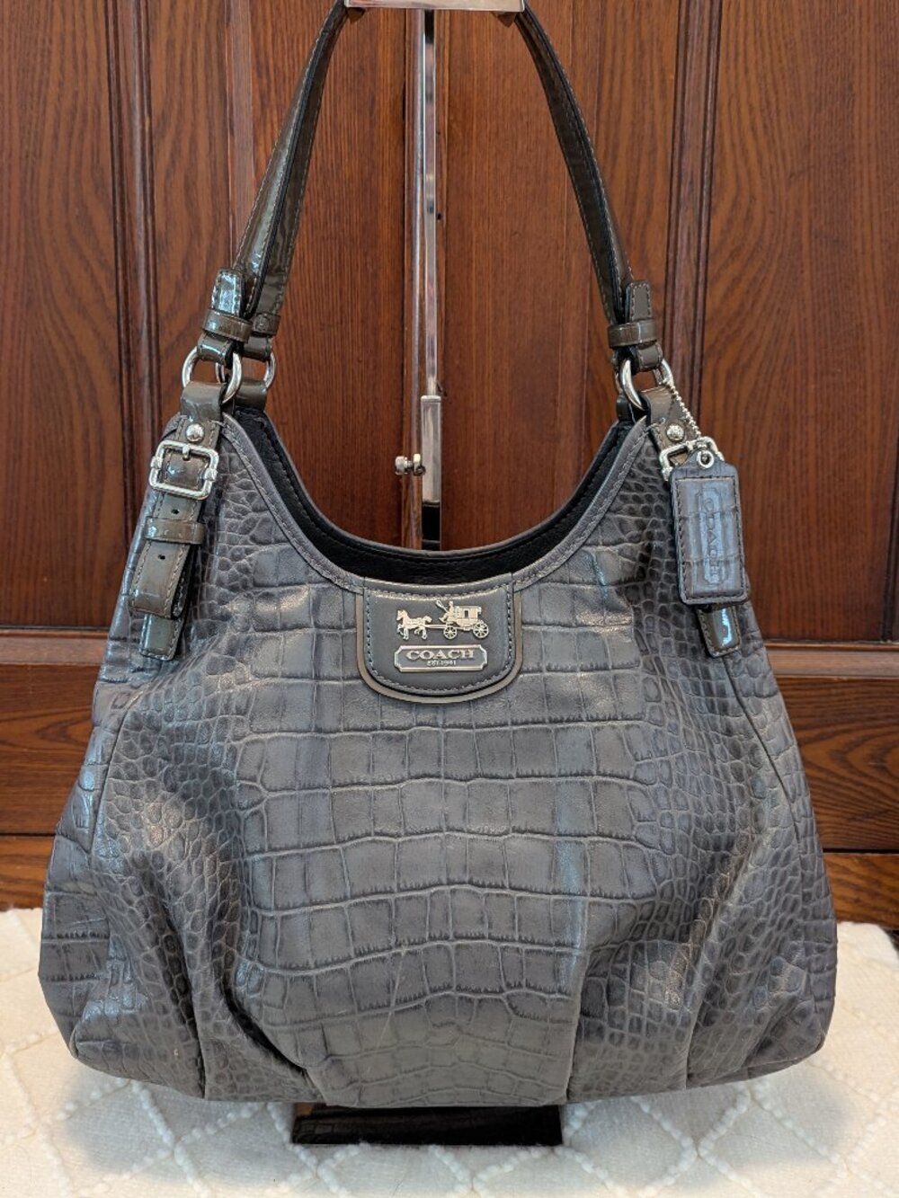 Coach Madison Maggie Shoulder Bag Croc Embossed Grey Leather